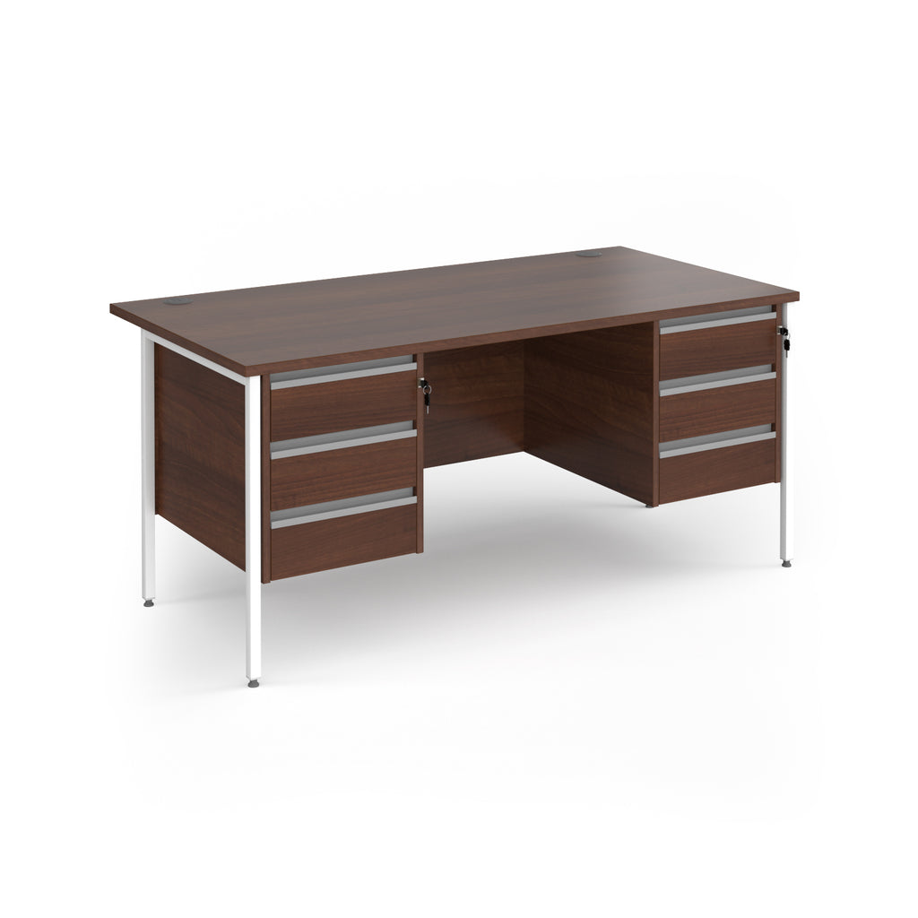 Office desk with wood-effect top and matching two 3-drawers fixed pedestals with white frame on a white background