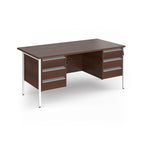 Office desk with wood-effect top and matching two 3-drawers fixed pedestals with white frame on a white background