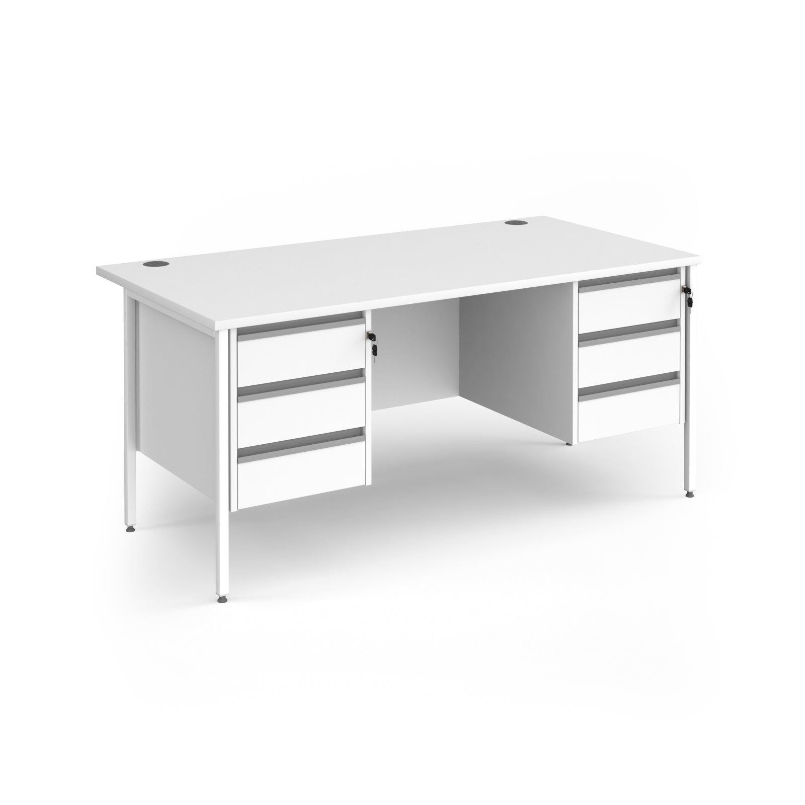 A modern white office desk with three drawers on the left, three drawers on the right, and a flat desktop, shown on a clean white background.