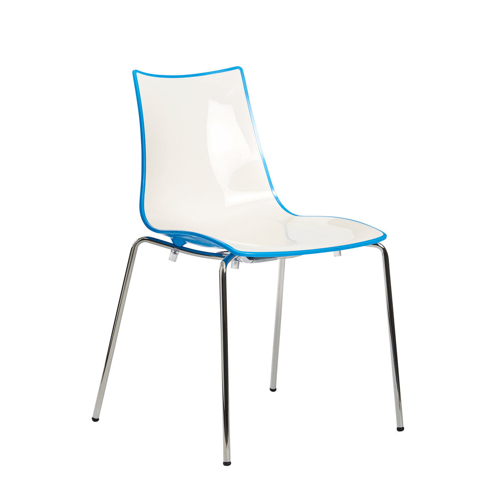White chair with blue edge and back with a chrome frame on a white background