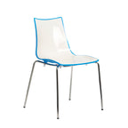 White chair with blue edge and back with a chrome frame on a white background