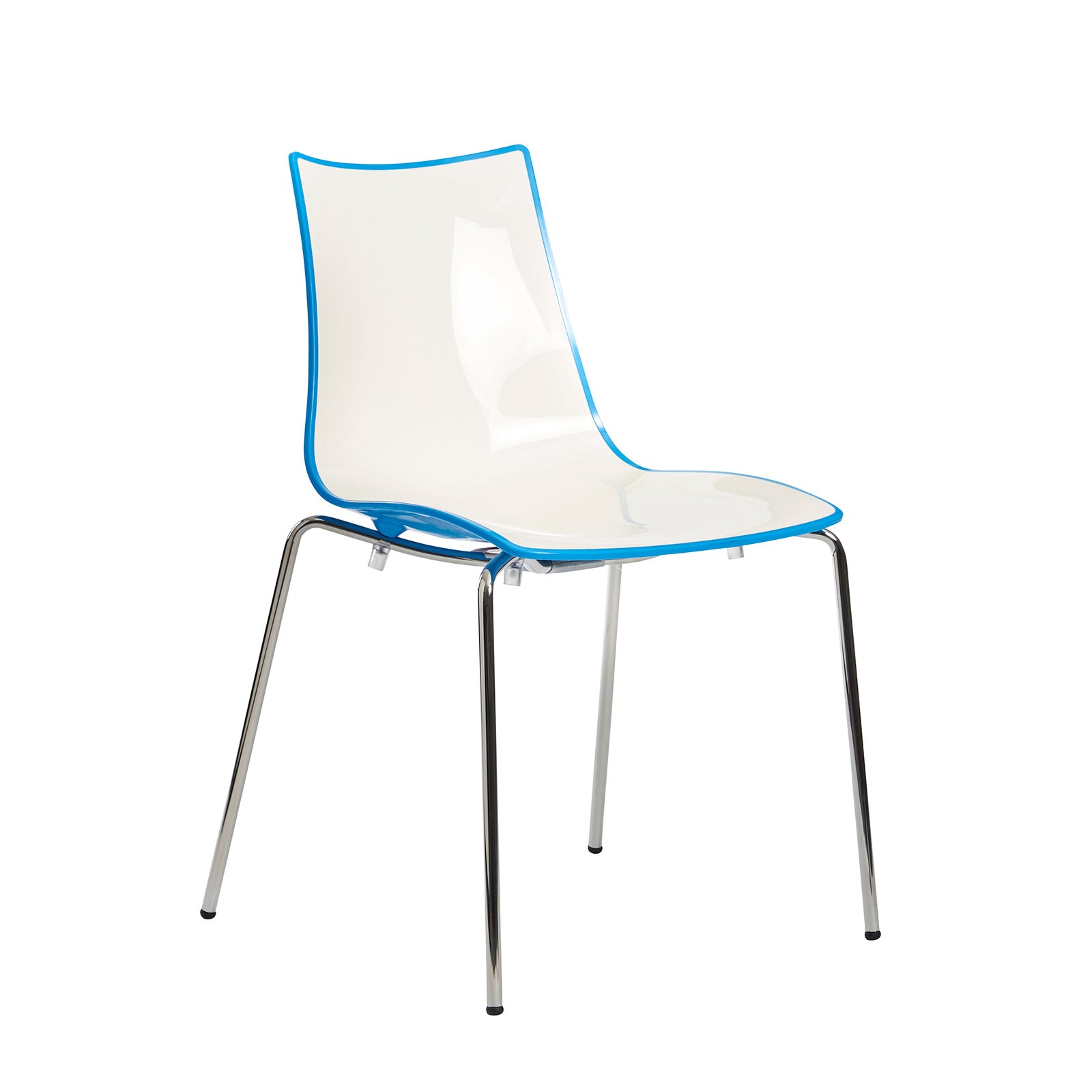 White chair with blue edge and back with a chrome frame on a white background