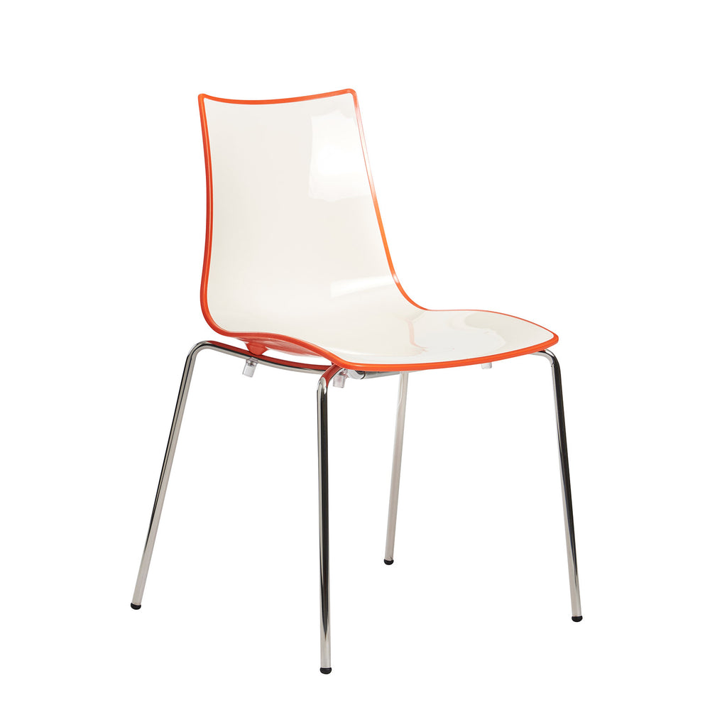 White chair with orange edge and back with a chrome frame on a white background