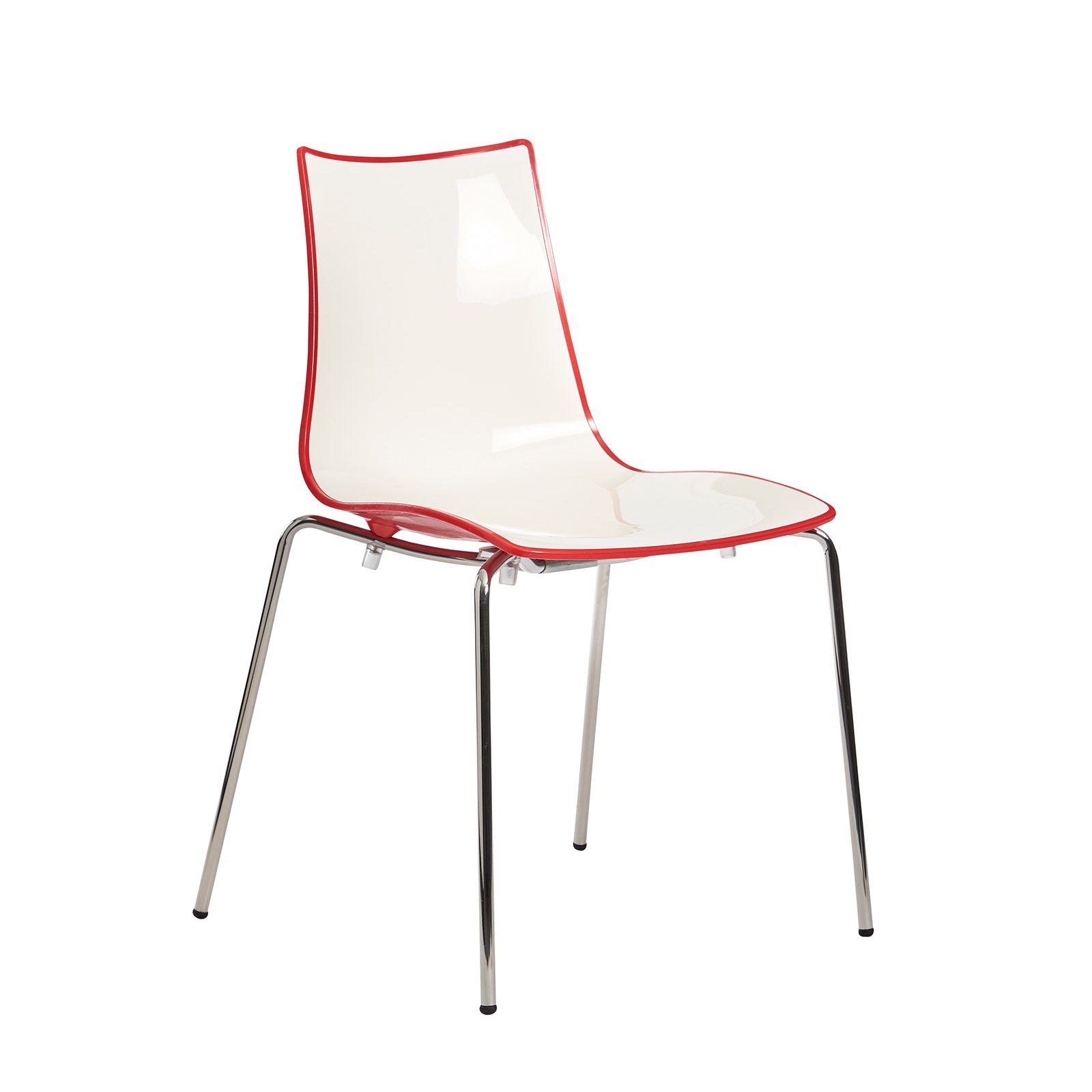 White chair with red edge and back with a chrome frame on a white background