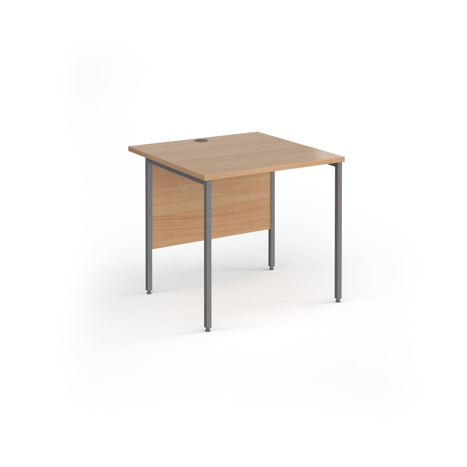 A square office desk with a wood-effect top and matching modesty panel, supported by slim grey metal legs, shown on a white background.
