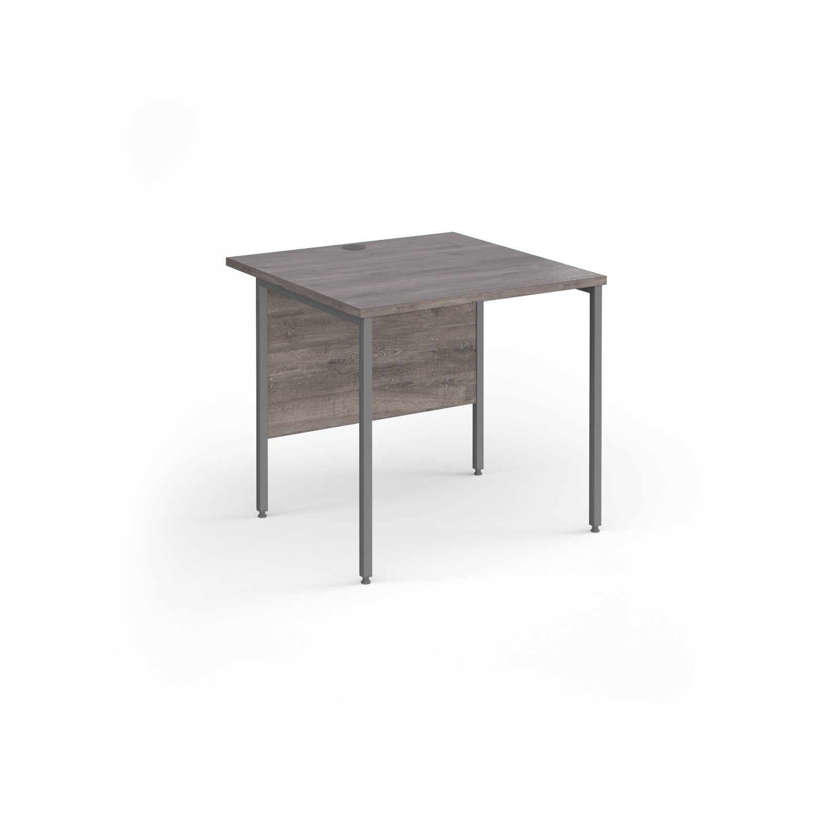 A square office desk with a grey wood-effect top and matching modesty panel, supported by slim grey metal legs, shown on a white background.