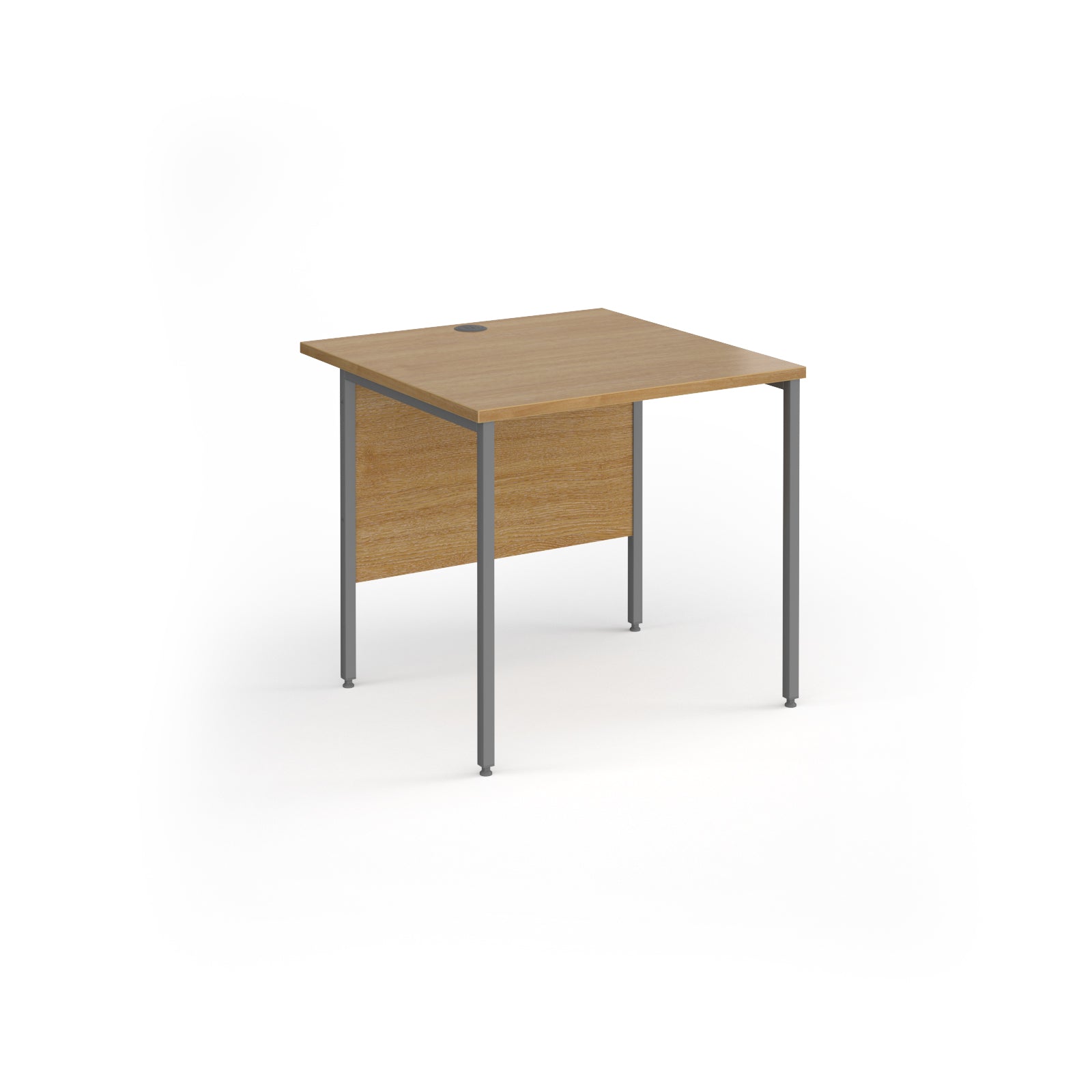 A square office desk with a wood-effect top and matching modesty panel, supported by slim grey metal legs, shown on a white background.