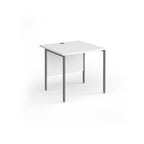 A square office desk with a white top and matching modesty panel, supported by slim grey metal legs, shown on a white background.