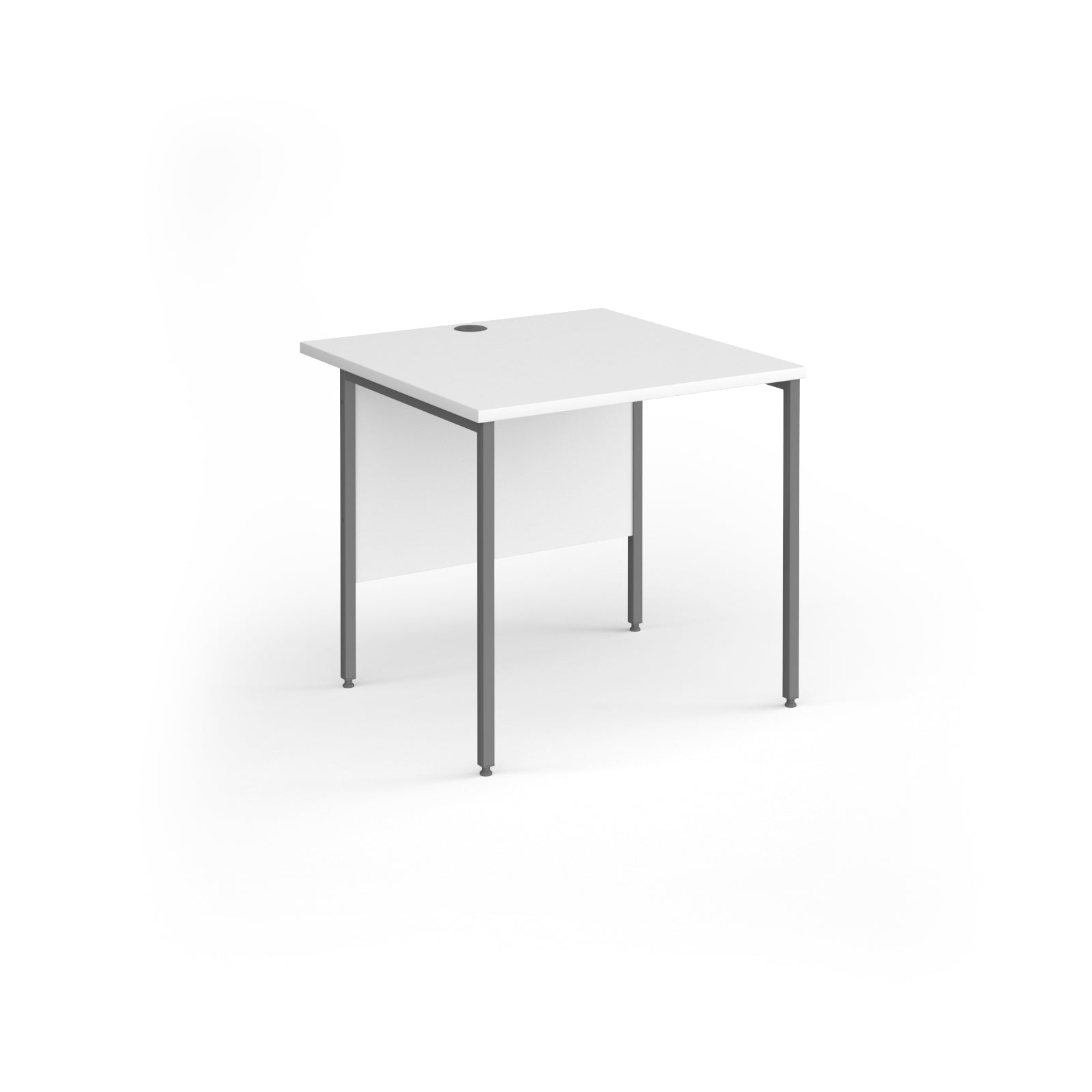 A square office desk with a white top and matching modesty panel, supported by slim grey metal legs, shown on a white background.