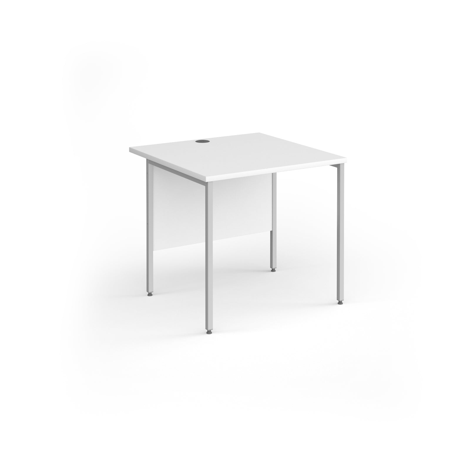 A square office desk with a white top and matching modesty panel, supported by slim silver metal legs, shown on a white background.