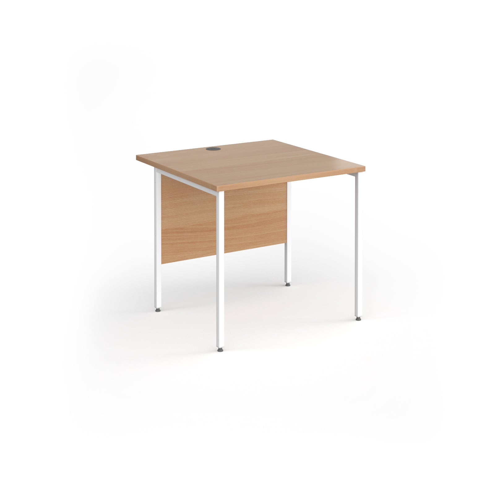 A square office desk with a wood-effect top and matching modesty panel, supported by slim white metal legs, shown on a white background.