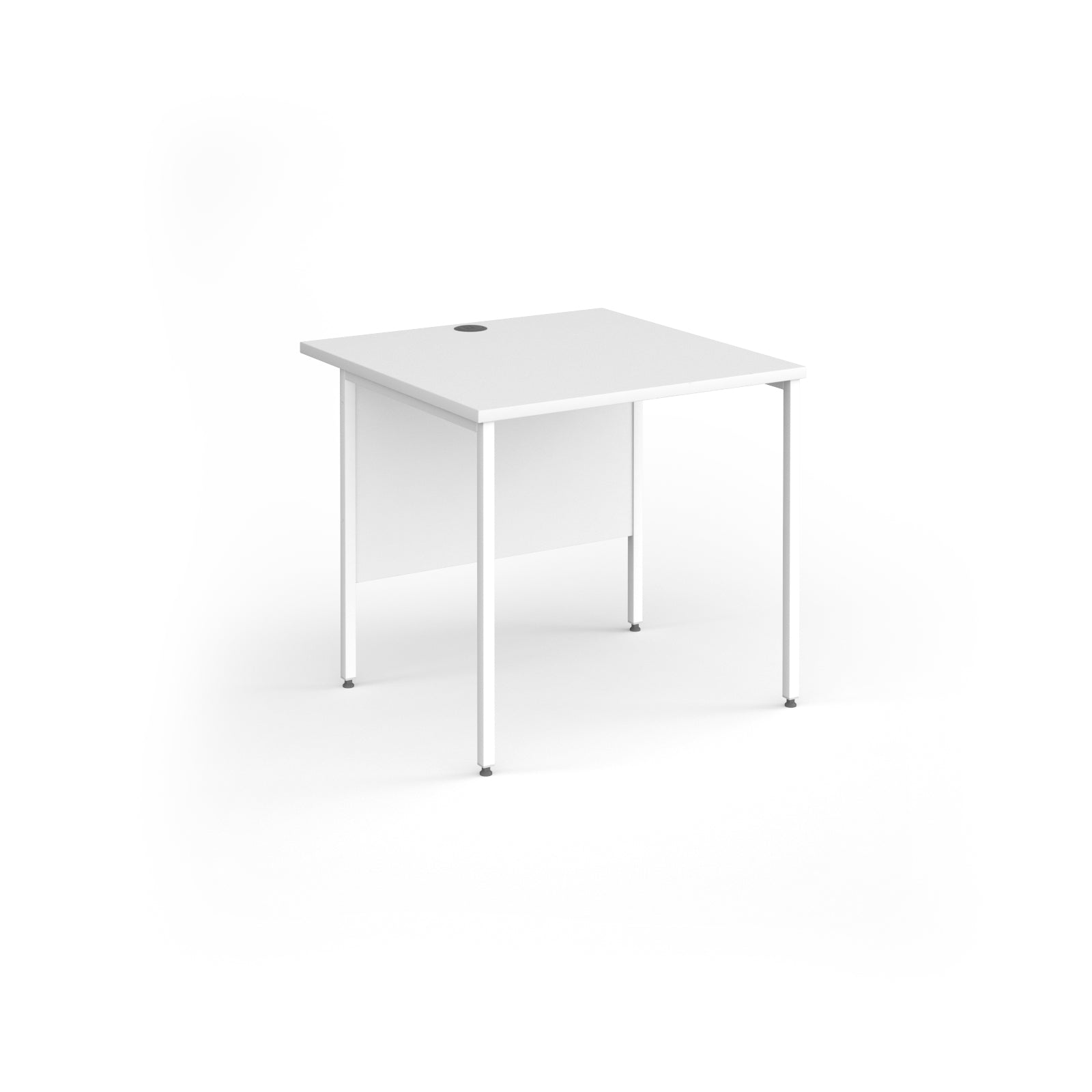 A white  square office desk with a modesty panel, supported by slim metal legs, shown on a white background.