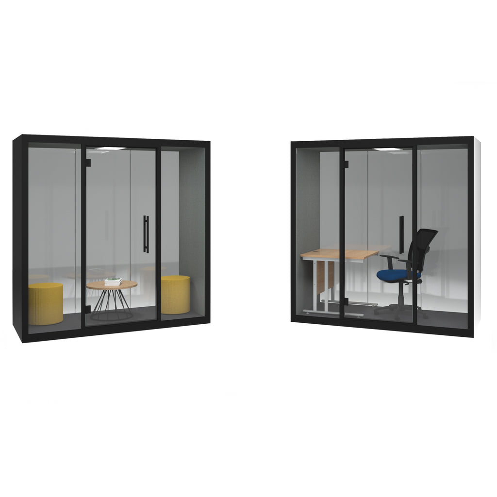 Two modern glass office pods with black frames shown on a white background, one with yellow stools and one with a desk and chair.