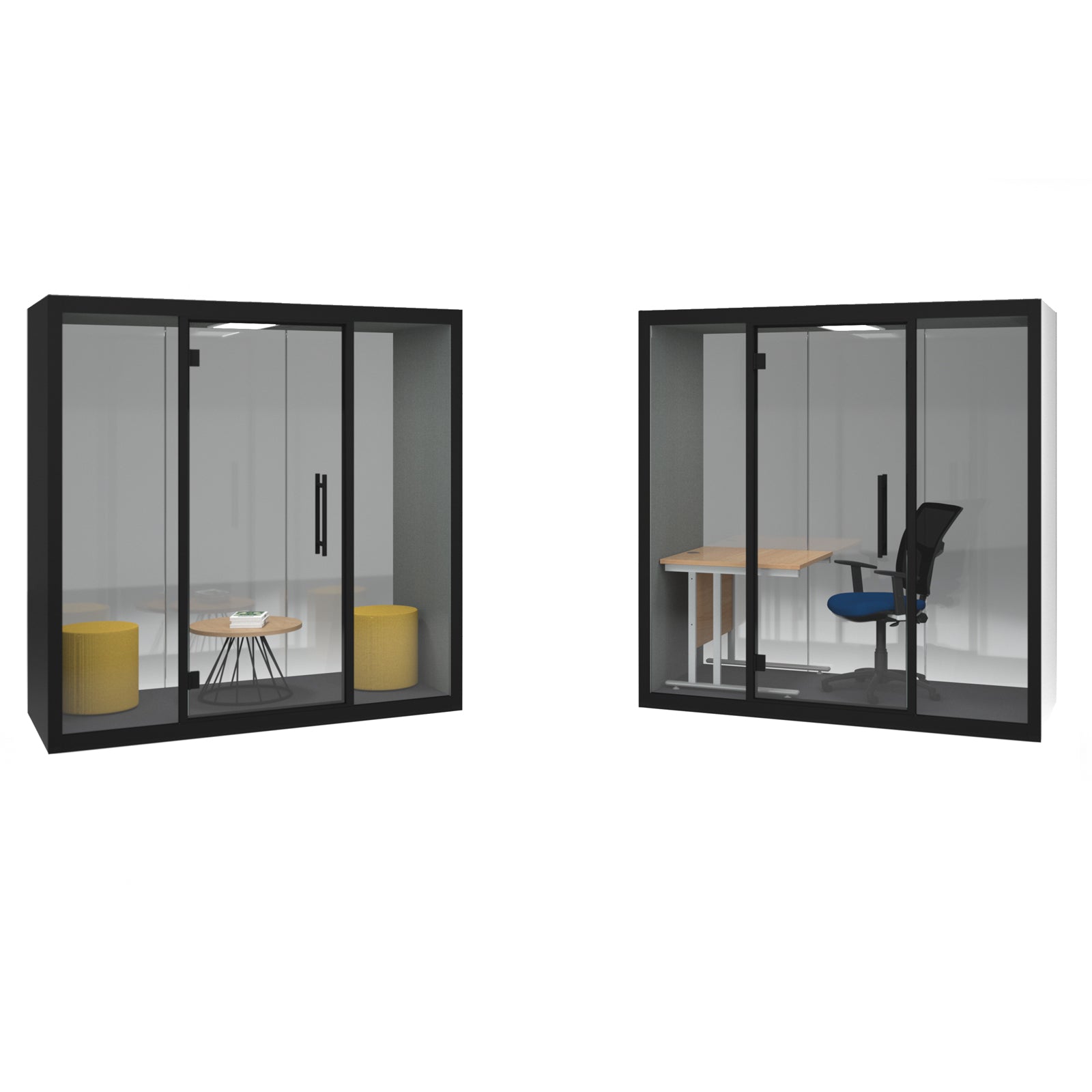 Two modern glass office pods with black frames shown on a white background, one with yellow stools and one with a desk and chair.
