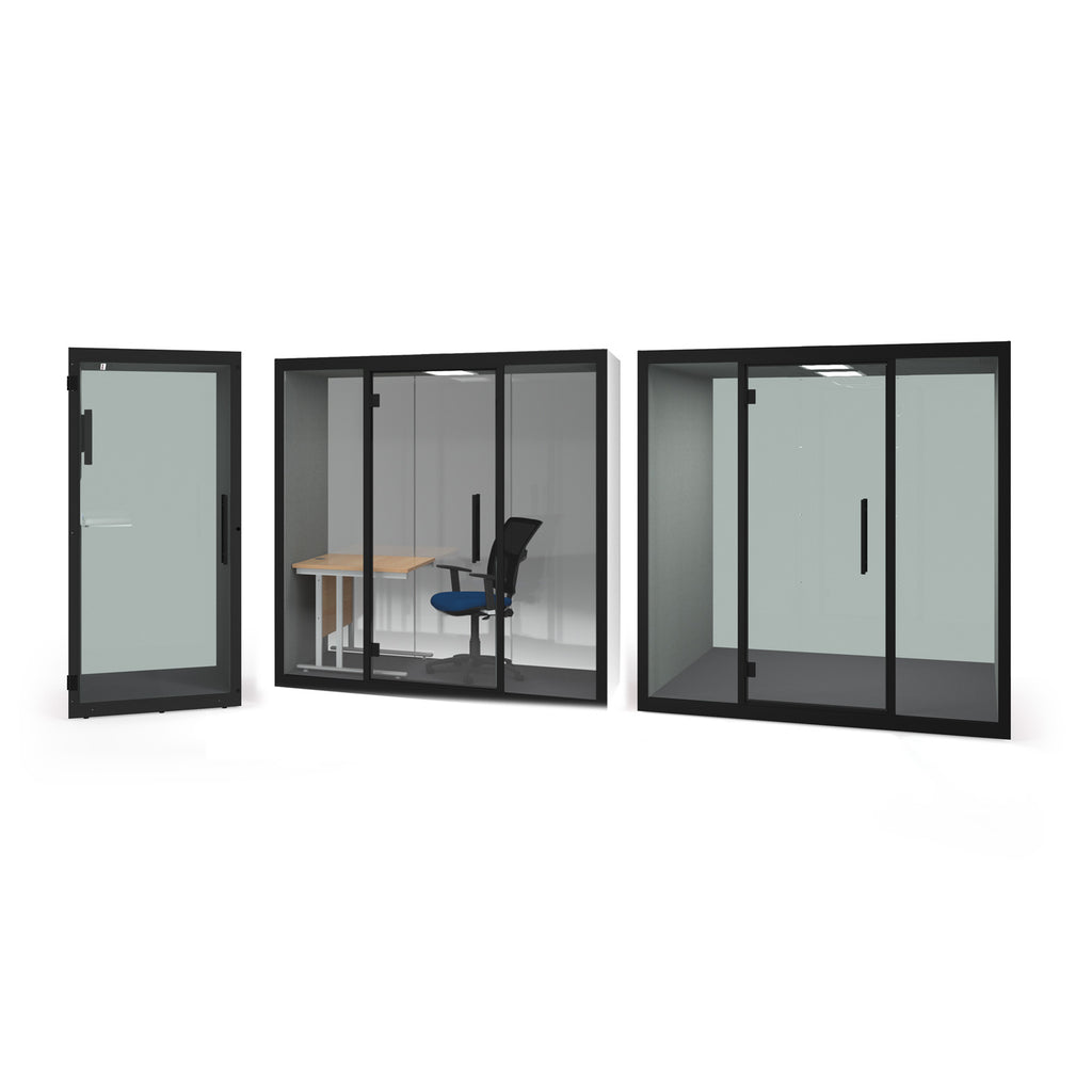 Three views of a modern acoustic booths with black frames, shown on a plain white background. One view shows the interior with a desk and chair, and one shows the closed exterior.