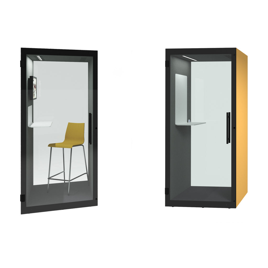 Modern office pod with glass doors and a yellow chair inside, on a white background