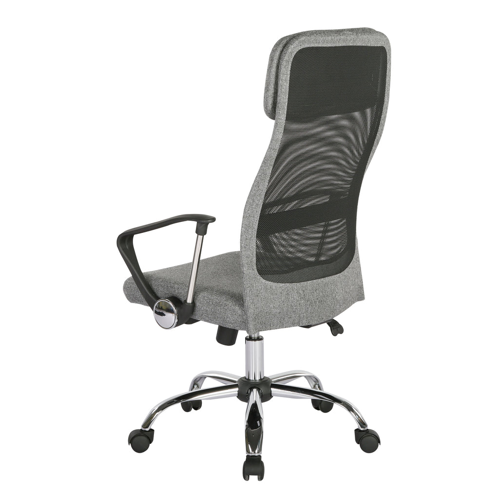Grey mesh back chair with chrome frame on a white background