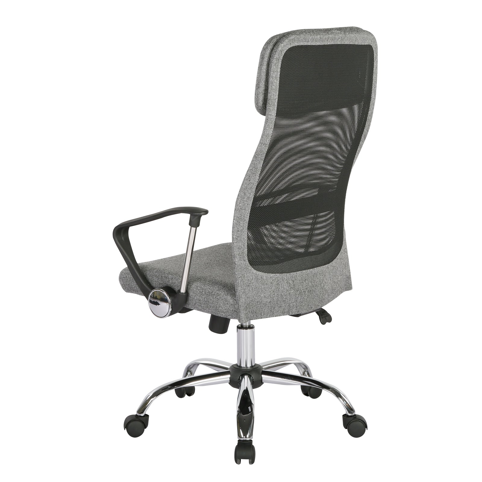 Grey mesh back chair with chrome frame on a white background