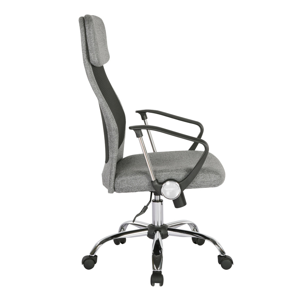 Grey mesh back chair with chrome frame on a white background