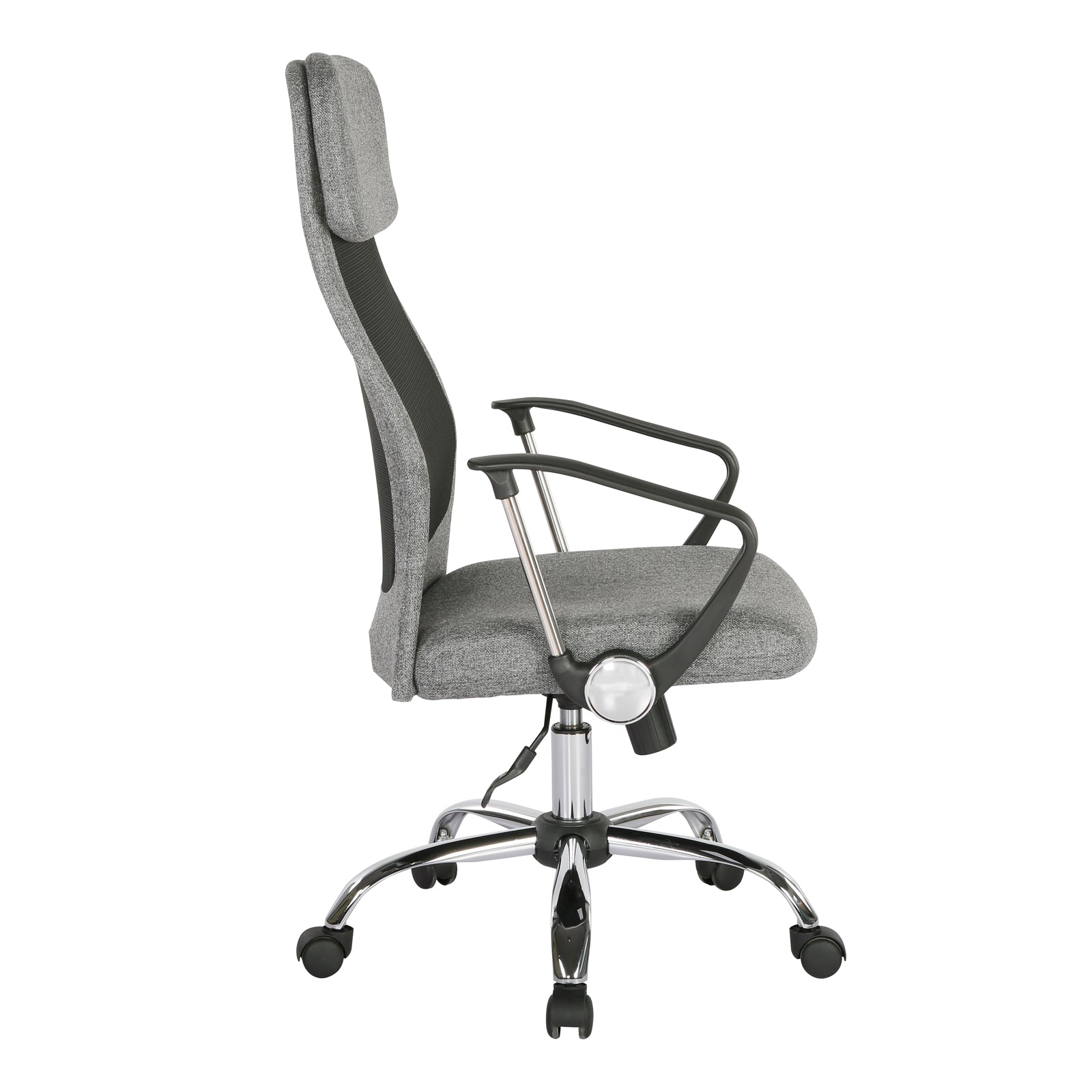 Grey mesh back chair with chrome frame on a white background