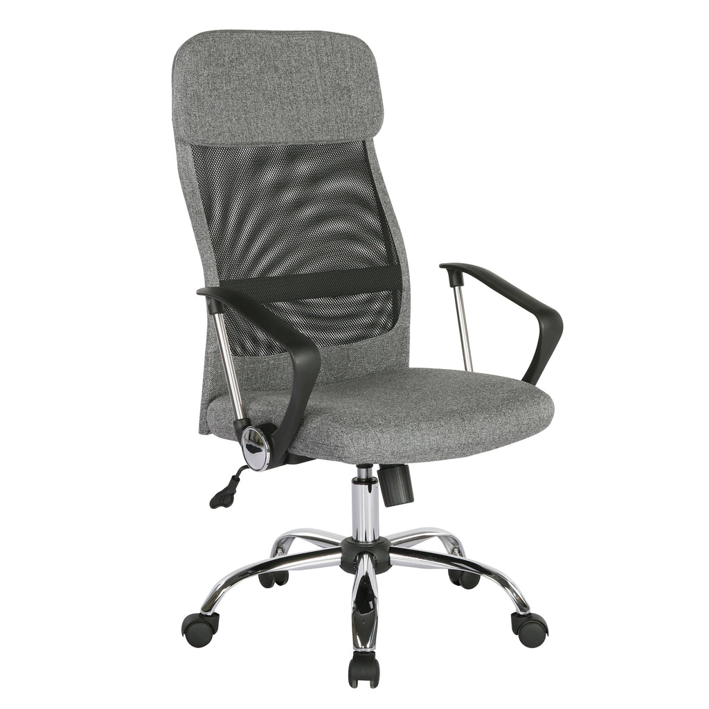 Grey mesh back chair with chrome frame on a white background