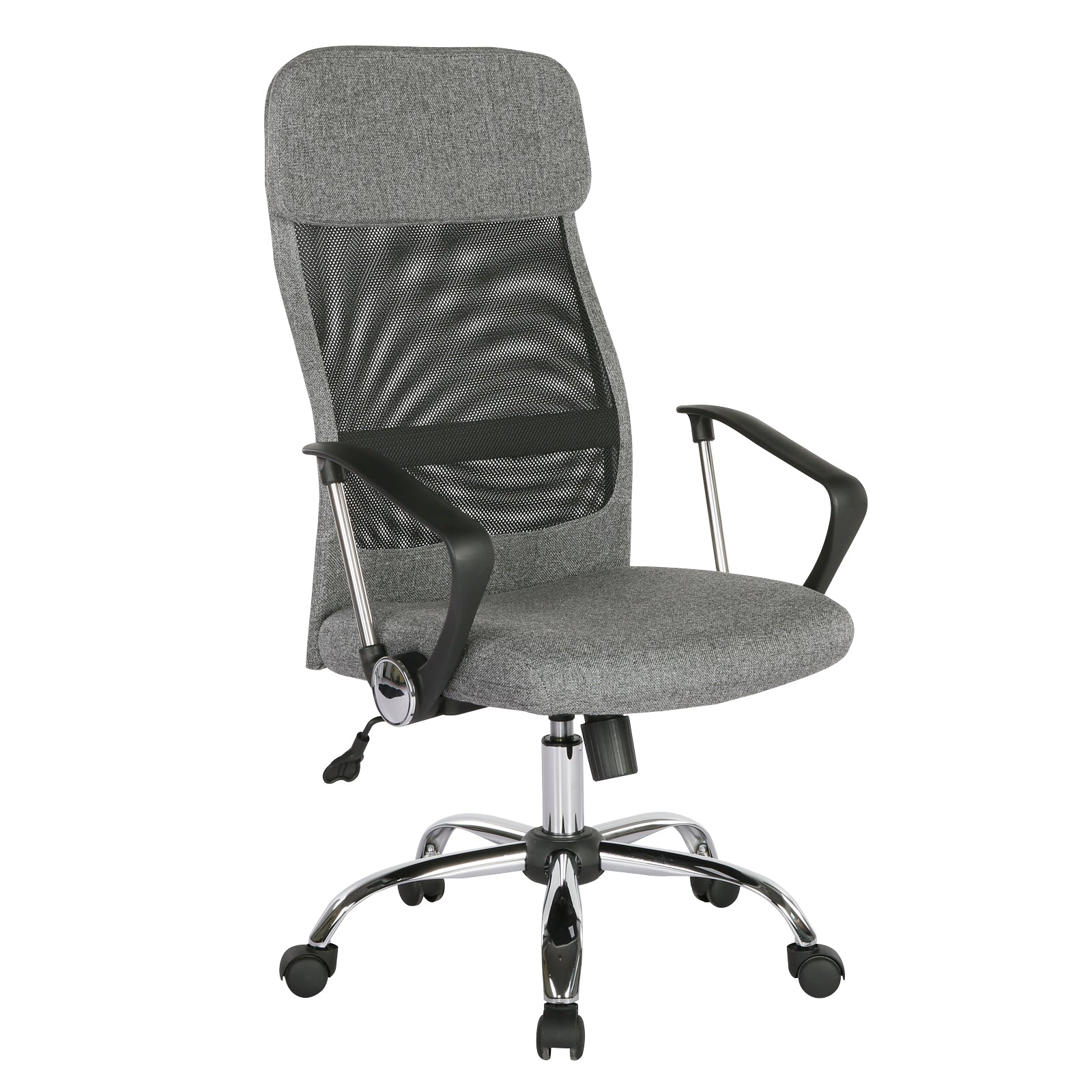 Grey mesh back chair with chrome frame on a white background