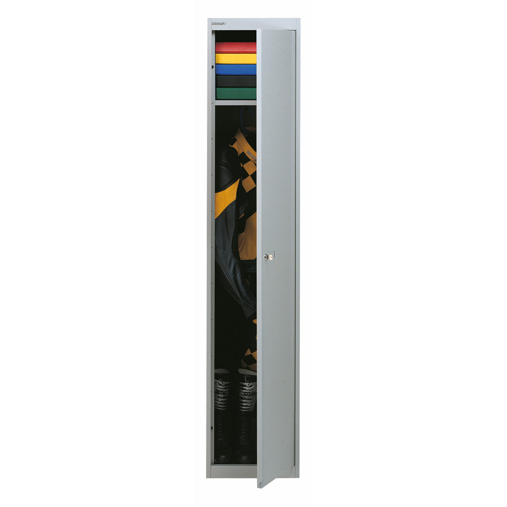 Metal locker with colorful items inside on a white background