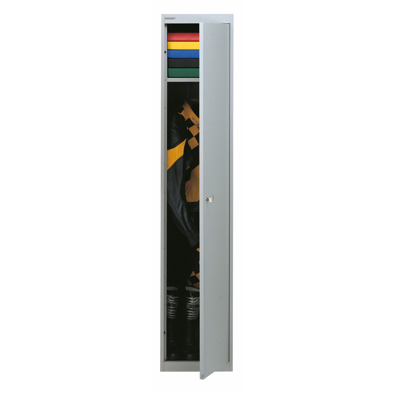 Metal locker with colorful items inside on a white background
