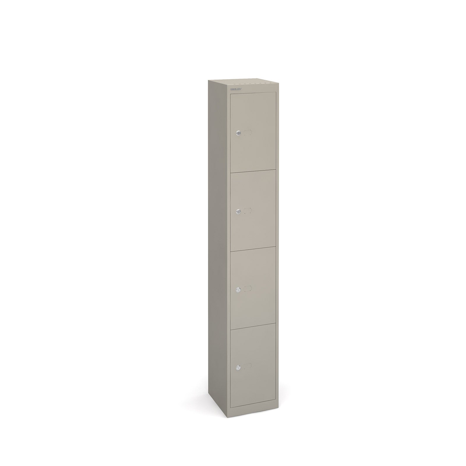 Tall grey locker with four doors on a white background