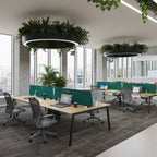 Modern office space with greenery, desks, and chairs.