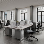 Modern office with desks, chairs, and large windows