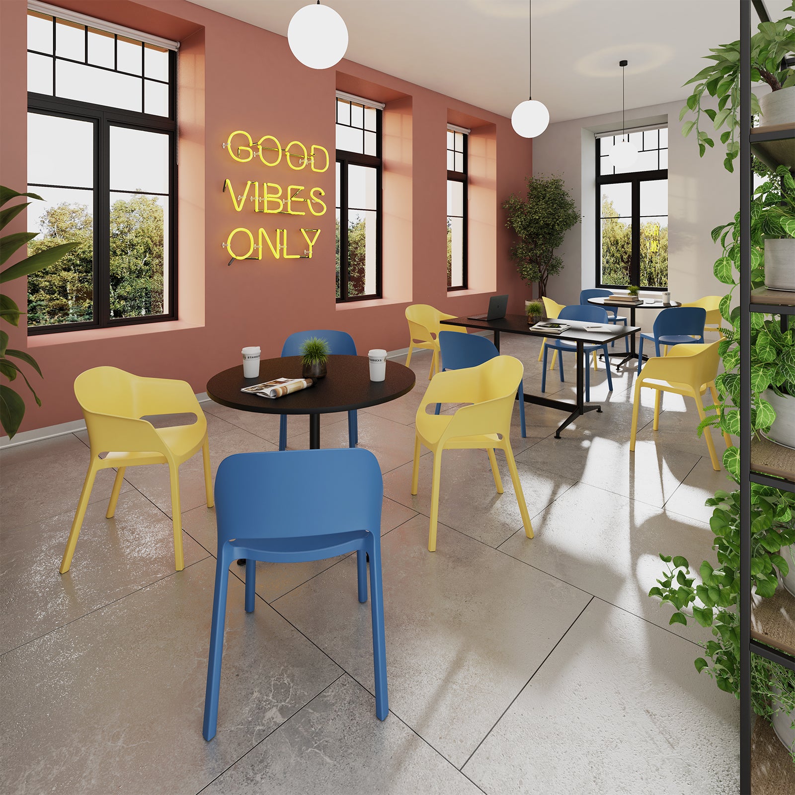 Modern interior with blue and yellow chairs, a neon sign, and large windows.