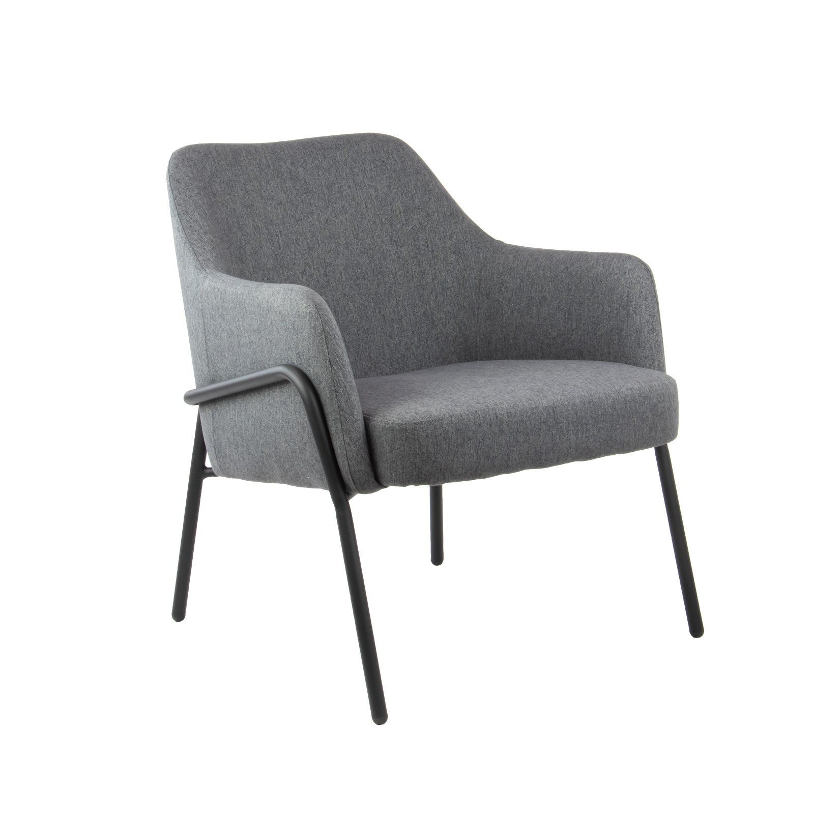 Grey armchair with black metal legs on a white background