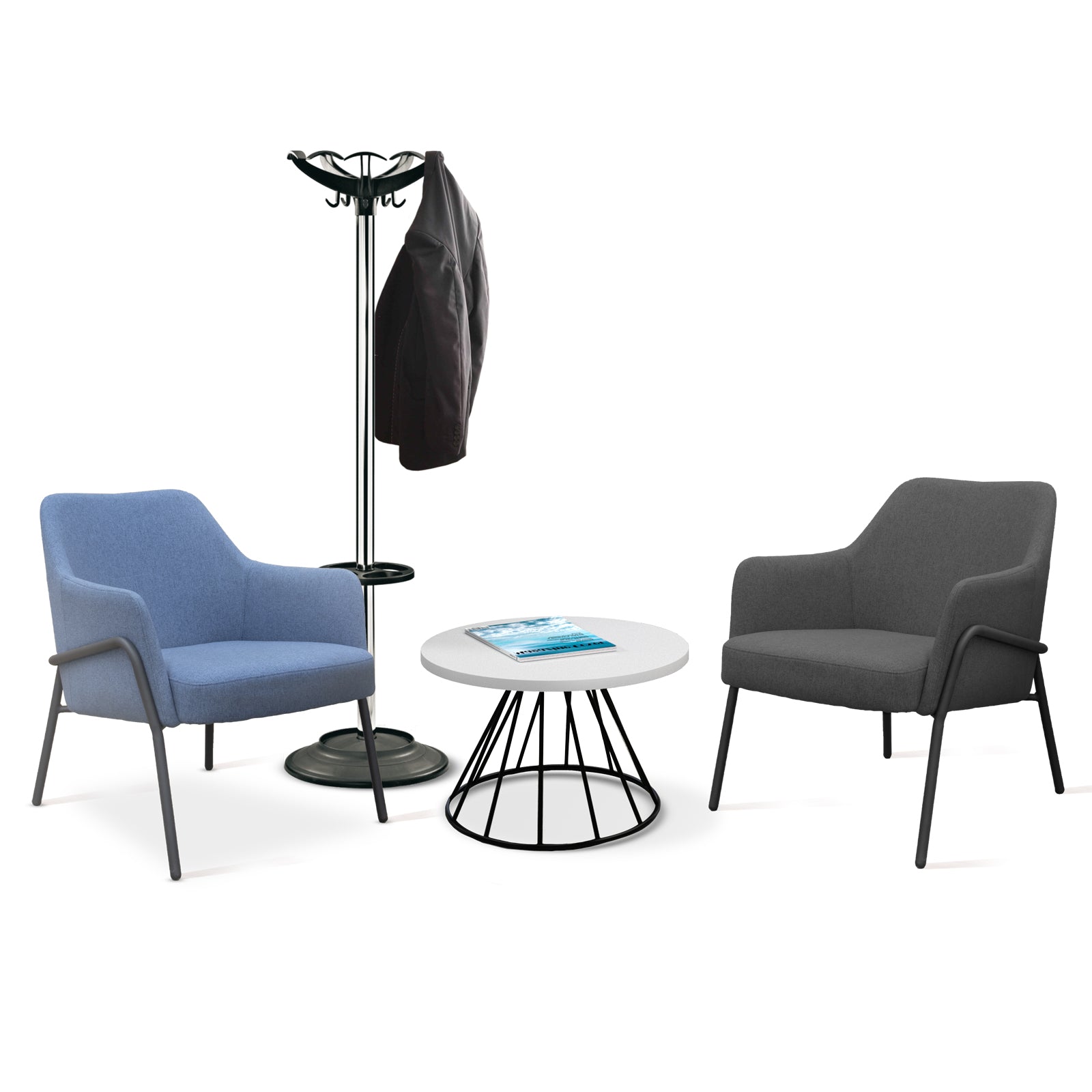 Modern furniture set with two chairs, a table, and a coat rack on a white background