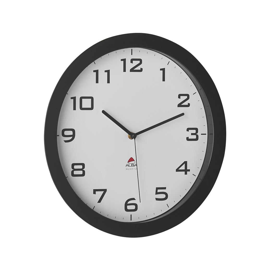 Wall clock with black frame and white face on a white background