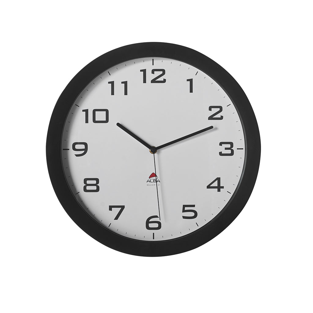 Wall clock with black frame and white face on a white background
