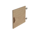 A light oak wood grain cabinet door with a dark brown leather handle and silver metal hinges, shown on a plain white background.