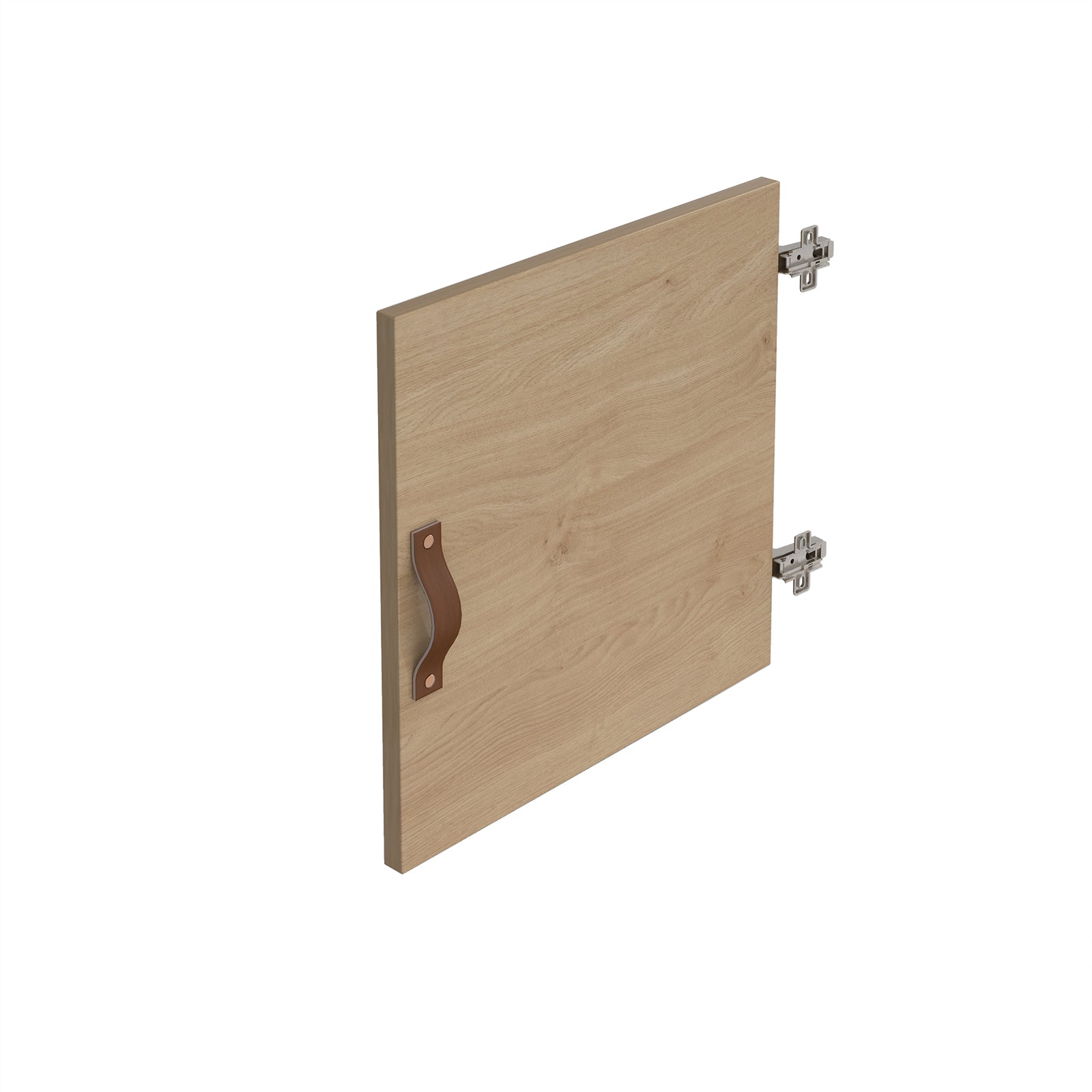 A light oak wood grain cabinet door with a dark brown leather handle and silver metal hinges, shown on a plain white background.