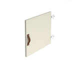 A white cabinet door with a brown leather handle and silver metal hinges, shown at an angle on a plain white background.