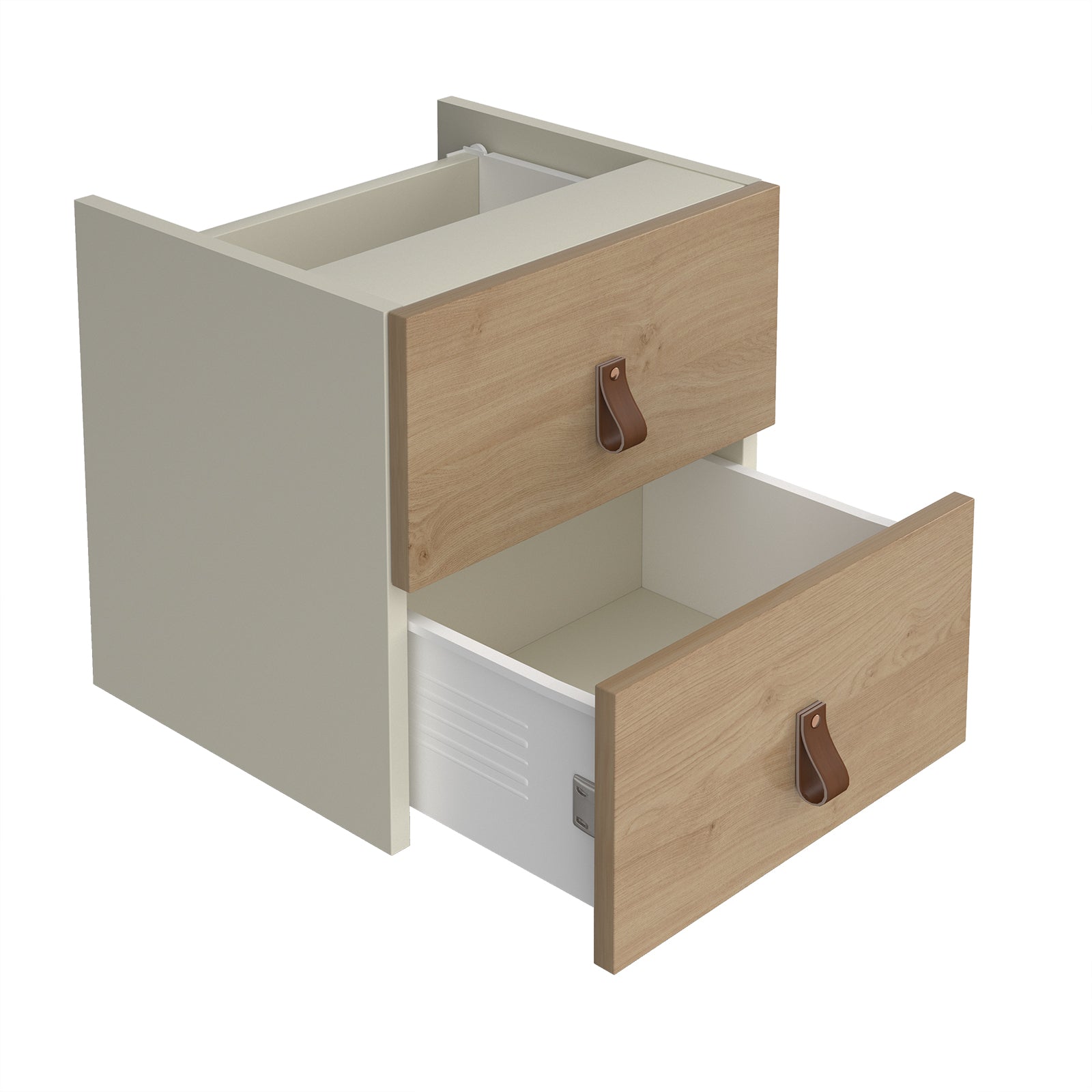 A two-drawer storage cabinet with a white exterior, natural oak wood-grain fronts on the drawers, and small brown leather pull handles. One drawer is shown open, revealing a white interior.