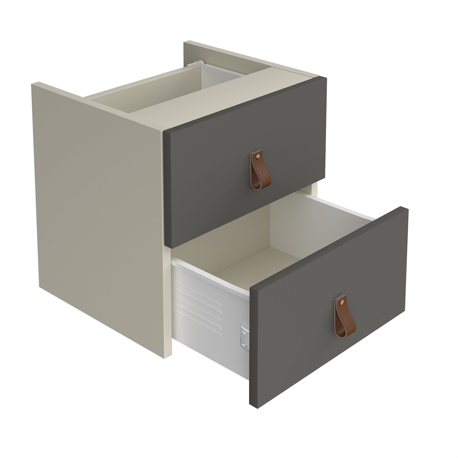 A two-drawer storage cabinet with a white frame and dark grey fronts, featuring brown leather pull tabs and one open drawer showing a white interior, set against a plain white background.