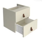 A two-drawer storage cabinet in a white finish, with both top and bottom drawers pulled open to show the interior compartments. The drawers feature small brown leather pull handles and are shown against a solid white background.
