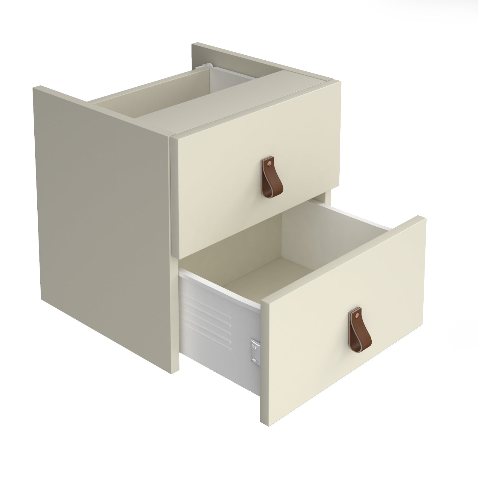 A two-drawer storage cabinet in a white finish, with both top and bottom drawers pulled open to show the interior compartments. The drawers feature small brown leather pull handles and are shown against a solid white background.