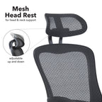 Mesh office chair with headrest and adjustable features on a white background