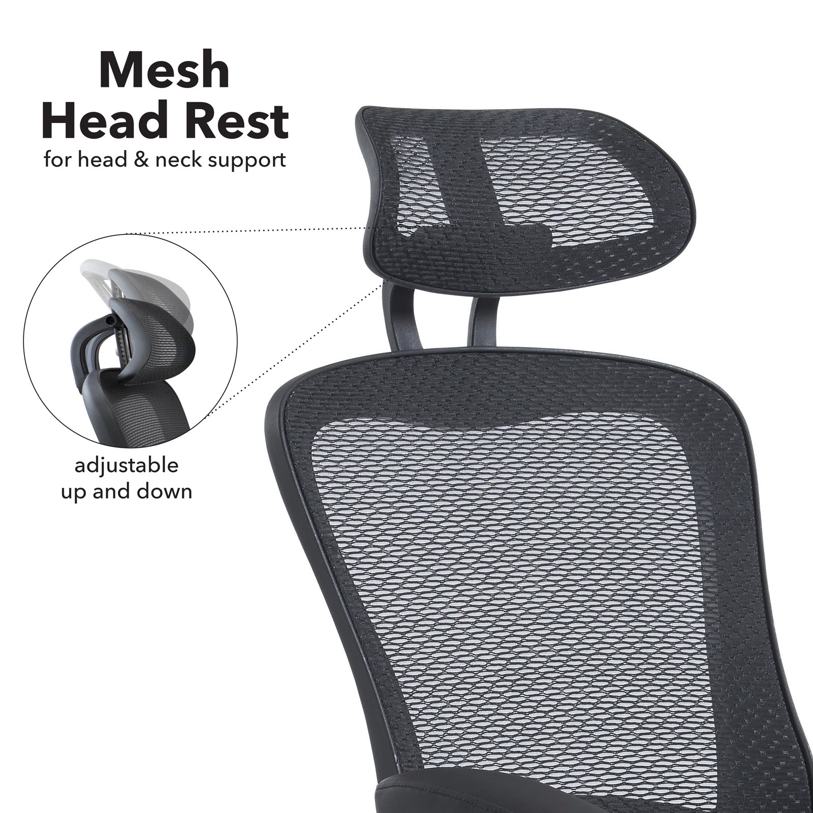 Mesh office chair with headrest and adjustable features on a white background