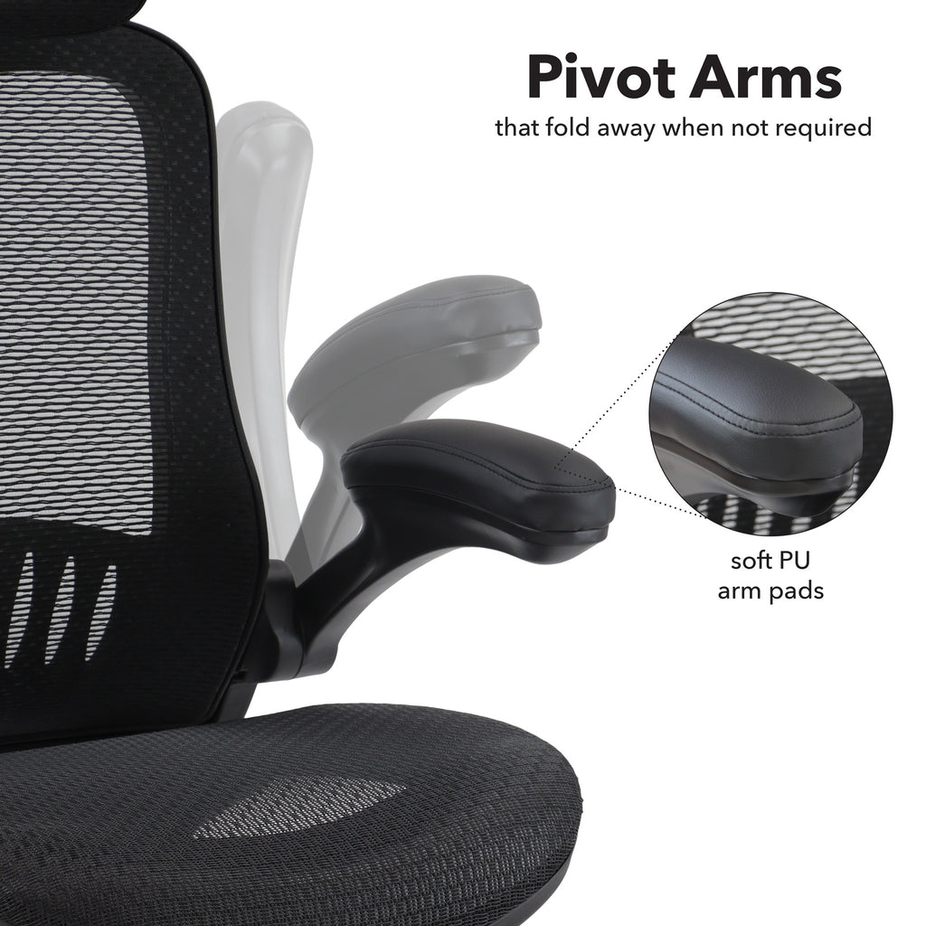 Black office chair with pivot arms and soft PU arm pads on a white background