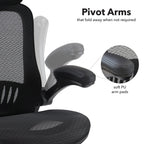 Black office chair with pivot arms and soft PU arm pads on a white background