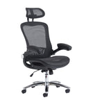 Black office chair with mesh back and headrest on a white background