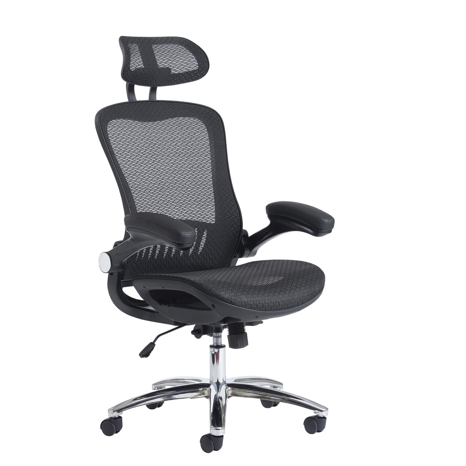 Black office chair with mesh back and headrest on a white background