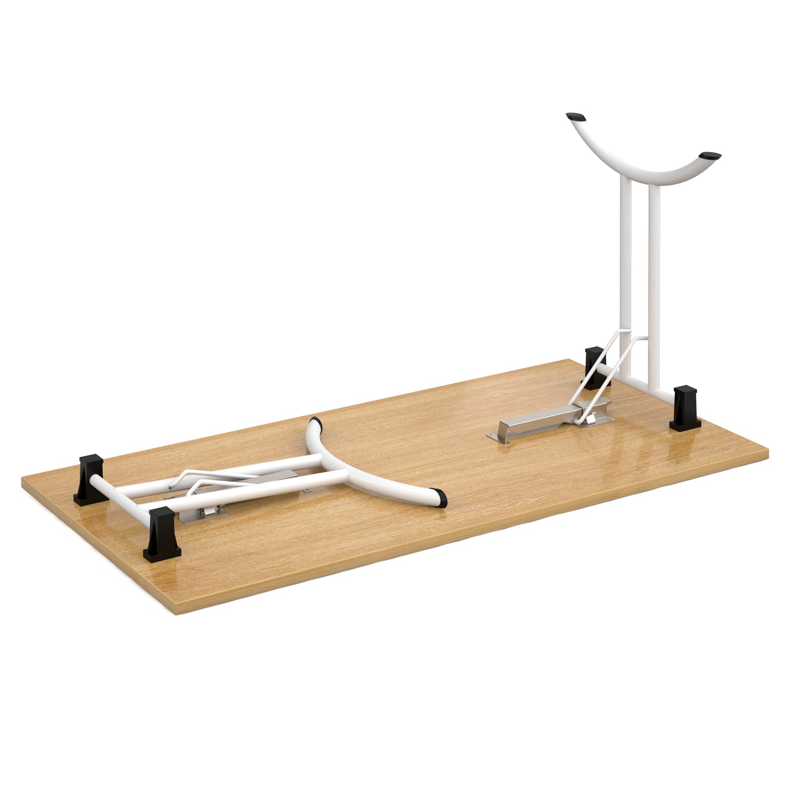 A folding table top with a light wood grain finish, featuring white metal support legs and black plastic feet, shown on a plain white background.